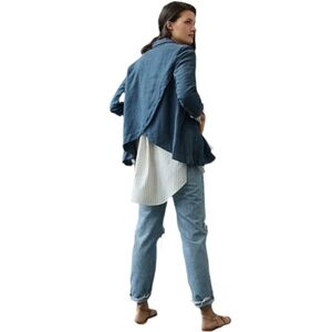 Anthropologie Women's Linen Blue Navy Asymmetrical Back Blazer Jacket Size 0